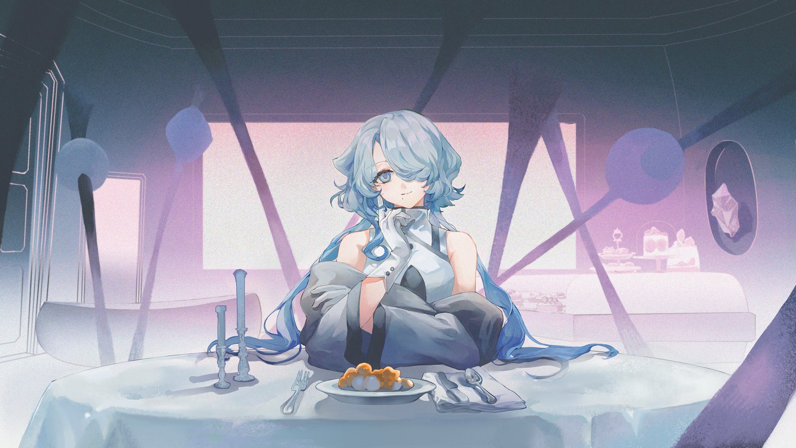 A pale-haired girl sits at a dinner table in a surreal pink-lit dessert parlor, looking toward the viewer.