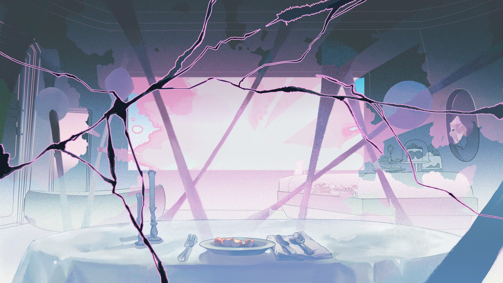 A warped, dreamlike interior dissolving into abstract color.