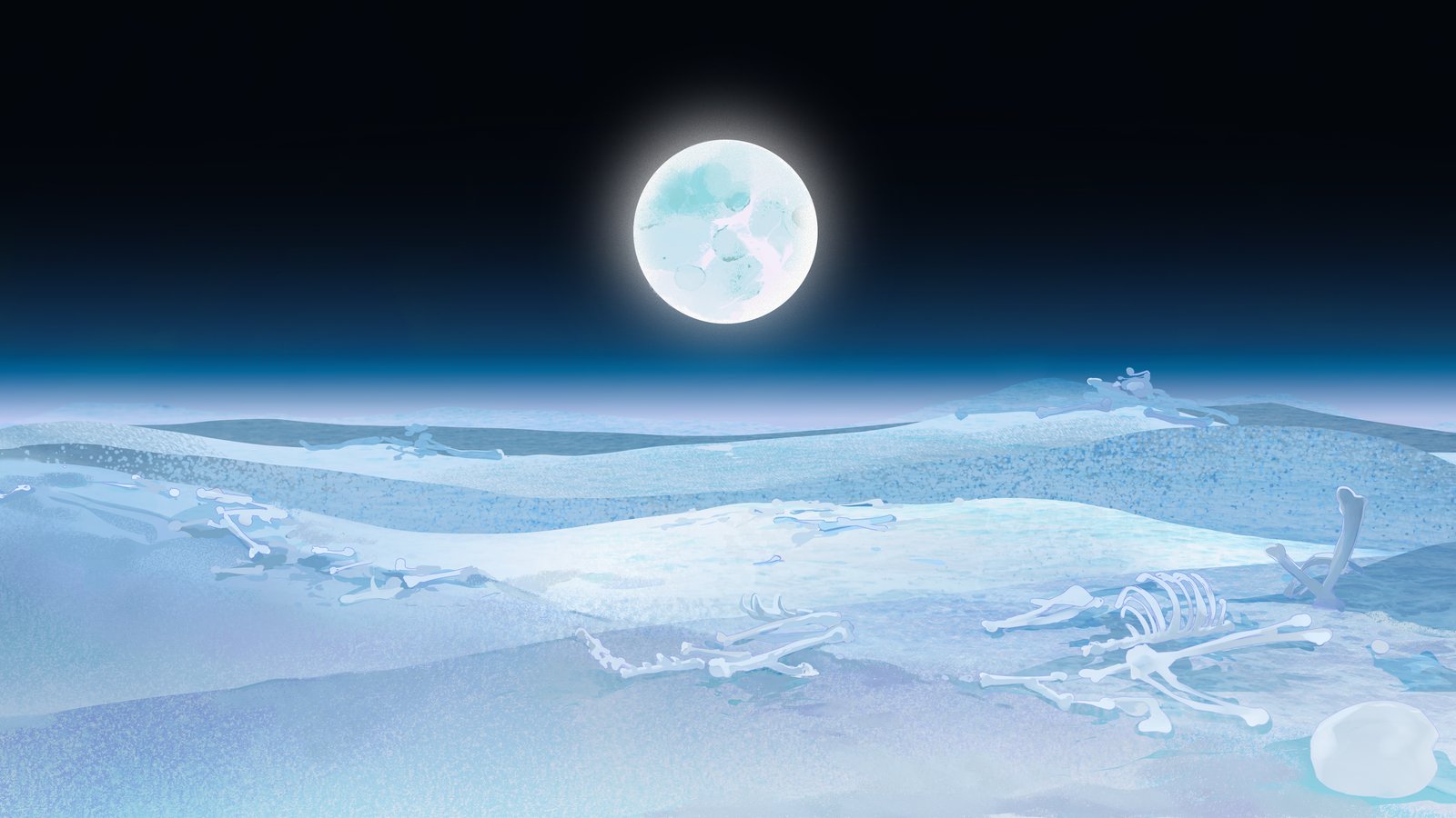 A glowing teal moon hangs over a silver-white desert scattered with bones.
