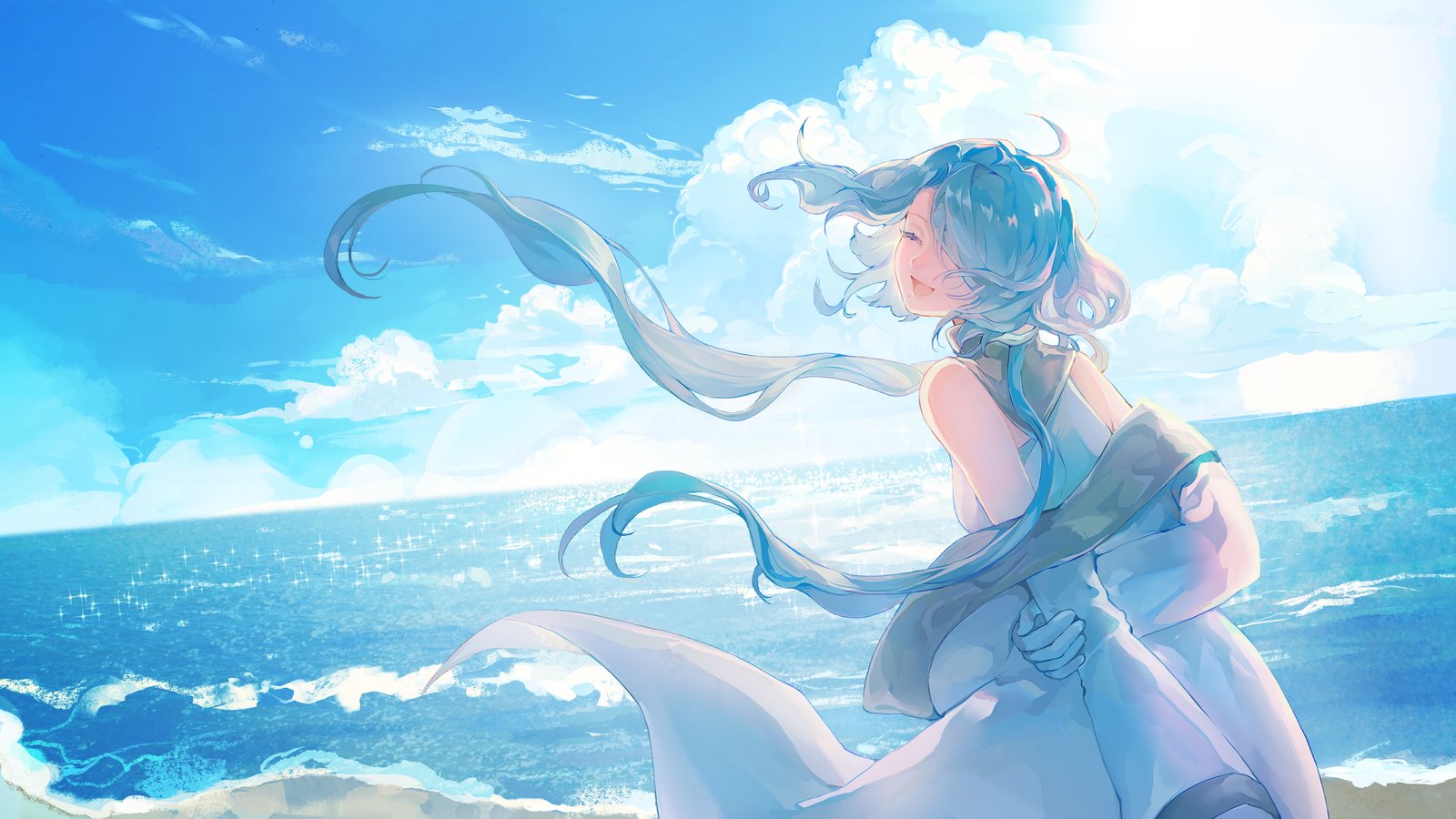 A pale-haired girl in a white dress laughs by a sparkling summer sea under a bright blue sky.