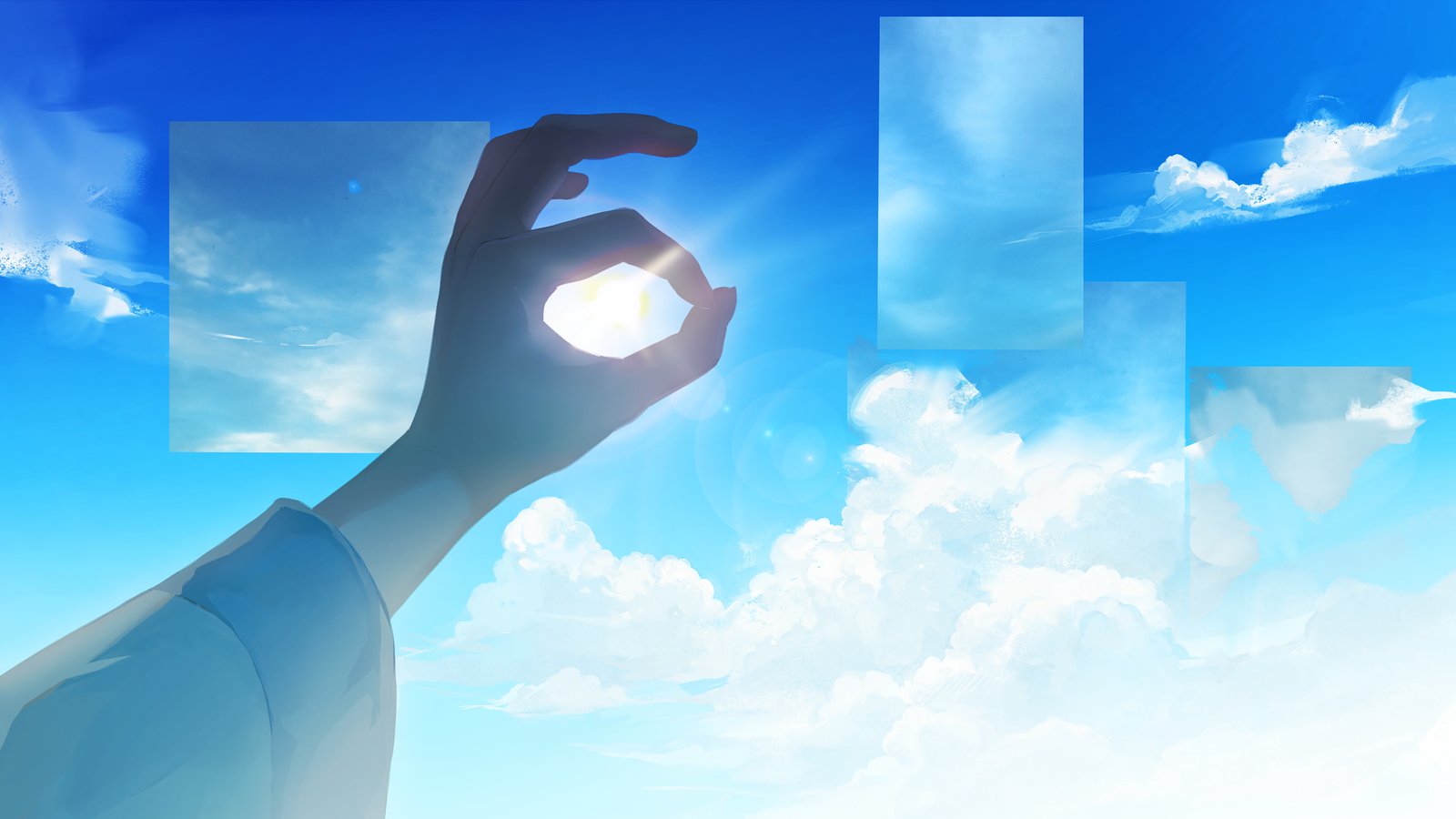 A hand pinches the sun out of a bright blue sky scattered with translucent floating panels.